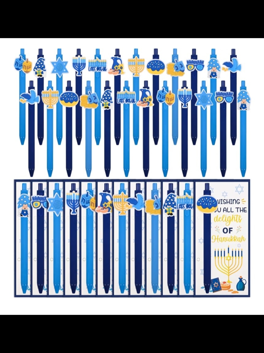 Hanukkah Novelty Pens Set of 12 with Assorted Toppers and Gift Cards and Bags